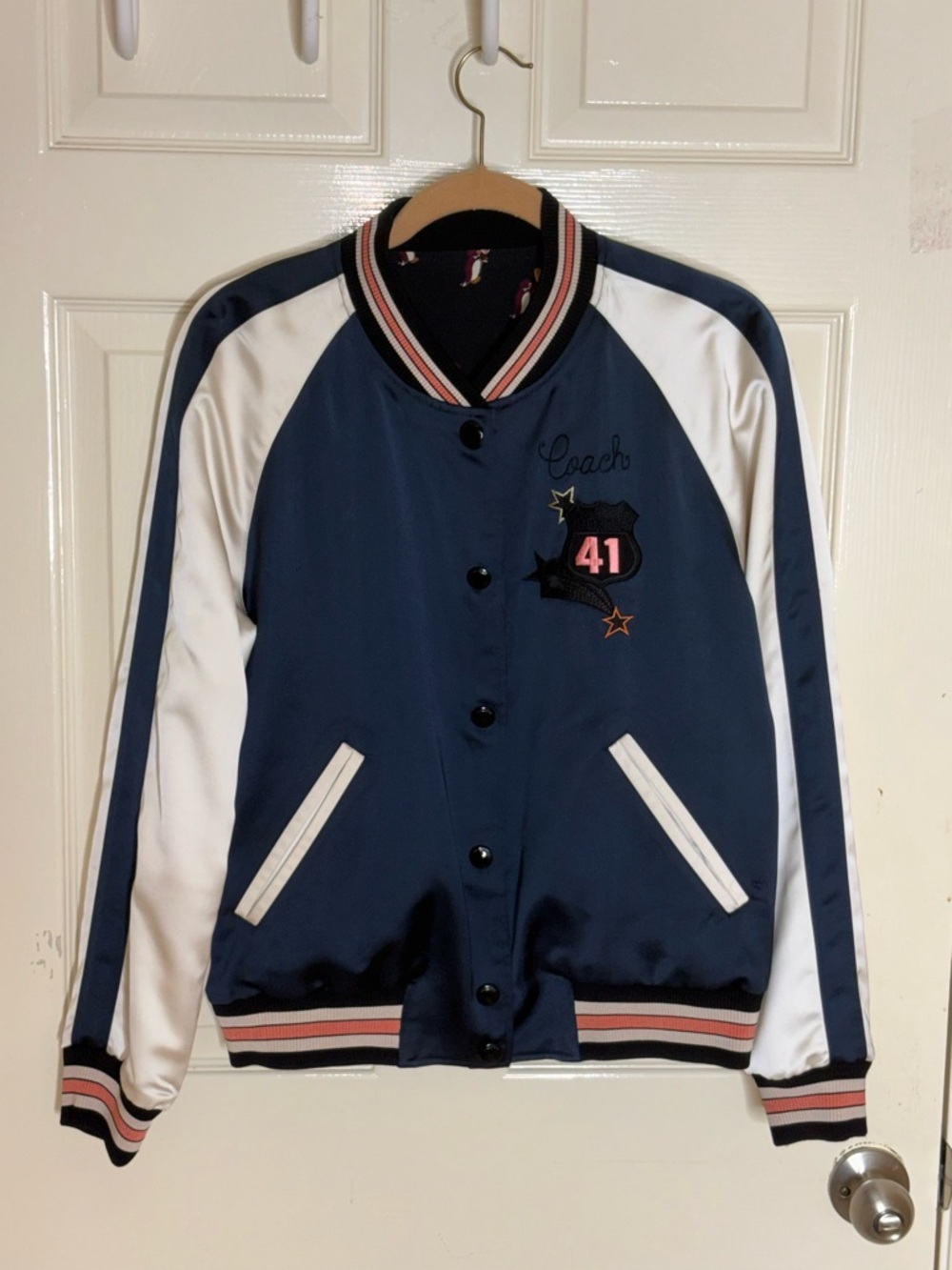 COACH Women’s Bomber REVERSIBLE Varsity Jacket Floral Print Colorblock Satin Med - Picture 8 of 12